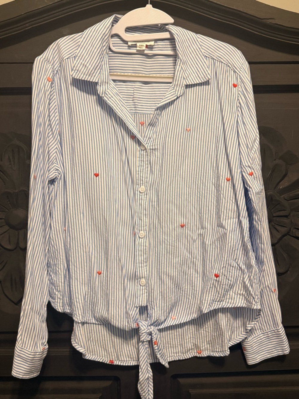 beachlunchlounge Blue and White Striped Button-Down Shirt with Red Heart Accents